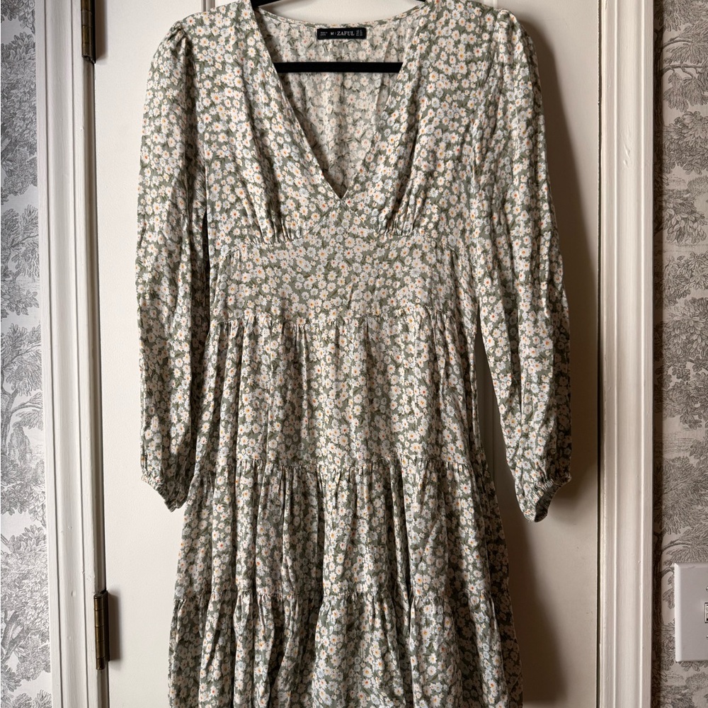 Zaful Cream Floral Long Sleeve Dress